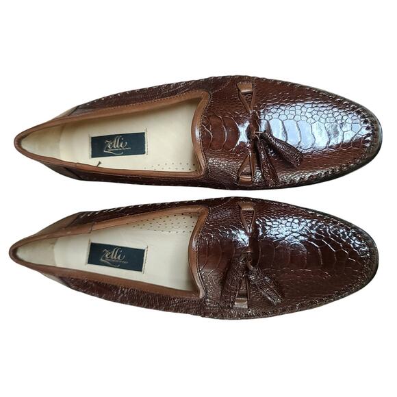 Zelli Saddle Brown Ostrich Leather Italian Made Tassel Loafers Shoes NEW 9 - Picture 4 of 8